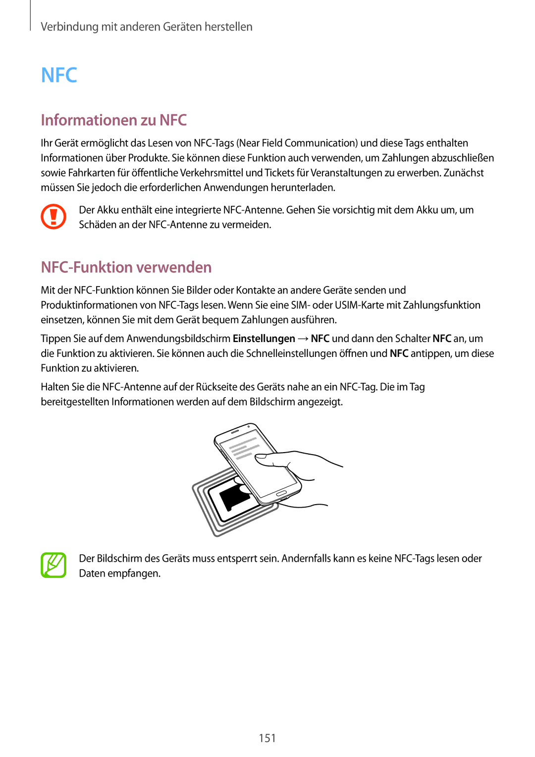 Samsung SM-G850FZKEDRE, SM-G850FHSEDBT, SM-G850FHSEVIA, SM-G850FZDEVD2 manual Informationen zu NFC, NFC-Funktion verwenden 