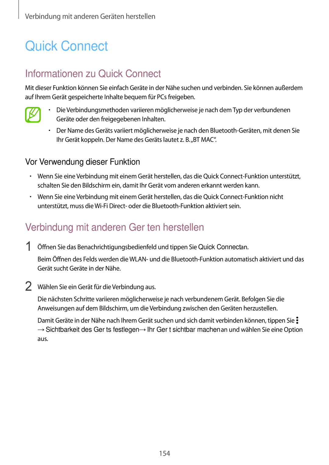 Samsung SM-G850FZKEDBT, SM-G850FHSEDBT, SM-G850FHSEVIA Informationen zu Quick Connect, Vor Verwendung dieser Funktion 