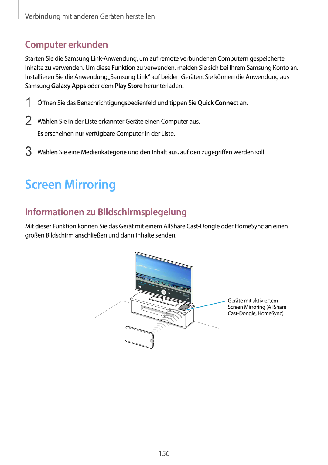 Samsung SM-G850FZDESFR, SM-G850FHSEDBT manual Screen Mirroring, Computer erkunden, Informationen zu Bildschirmspiegelung 