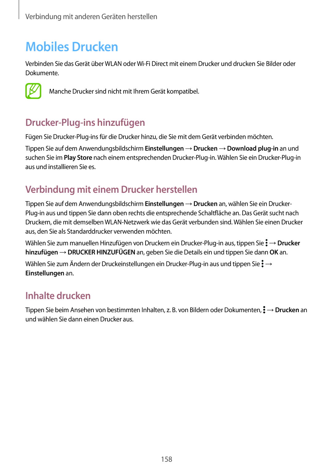 Samsung SM-G850FHSESFR manual Mobiles Drucken, Drucker-Plug-ins hinzufügen, Verbindung mit einem Drucker herstellen 