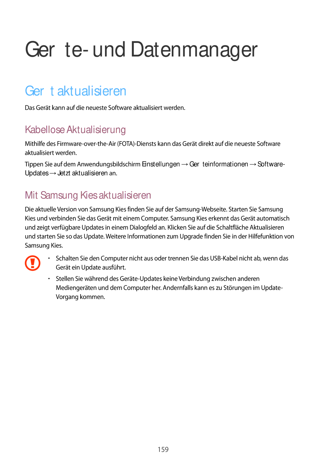 Samsung SM-G850FHSEDBT, SM-G850FHSEVIA manual Geräte- und Datenmanager, Gerät aktualisieren, Kabellose Aktualisierung 