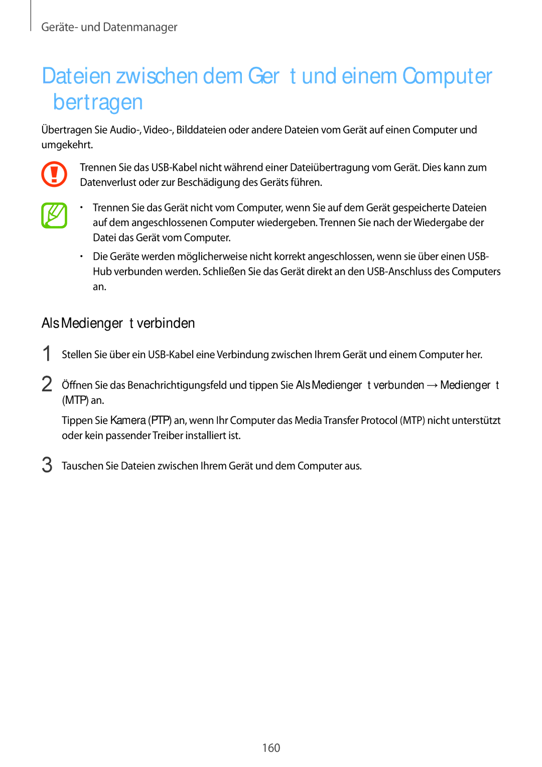 Samsung SM-G850FHSEVIA, SM-G850FHSEDBT Dateien zwischen dem Gerät und einem Computer übertragen, Als Mediengerät verbinden 