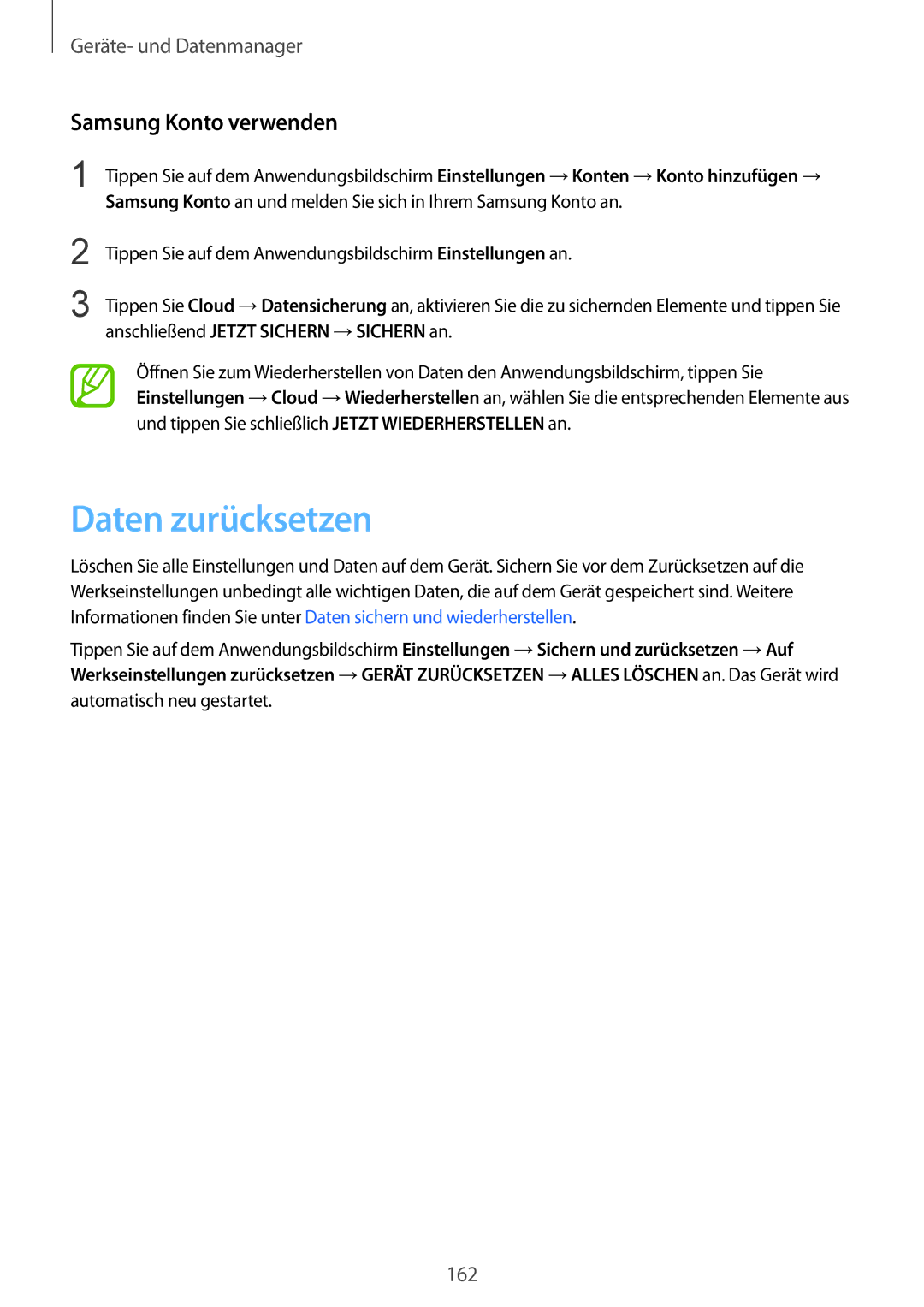 Samsung SM-G850FZWETPH, SM-G850FHSEDBT, SM-G850FHSEVIA, SM-G850FZDEVD2 manual Daten zurücksetzen, Samsung Konto verwenden 