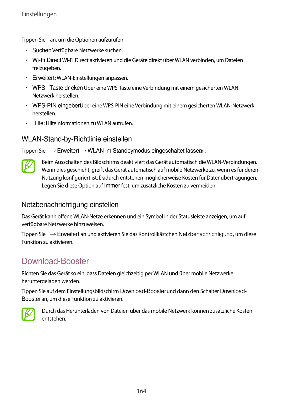 Samsung SM-G850FZWECOS manual Download-Booster, WLAN-Stand-by-Richtlinie einstellen, Netzbenachrichtigung einstellen 