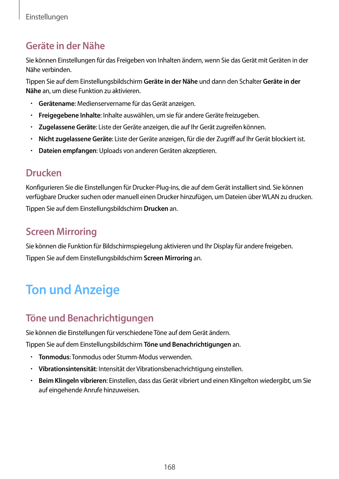 Samsung SM-G850FZBEDTM manual Ton und Anzeige, Geräte in der Nähe, Drucken, Screen Mirroring, Töne und Benachrichtigungen 