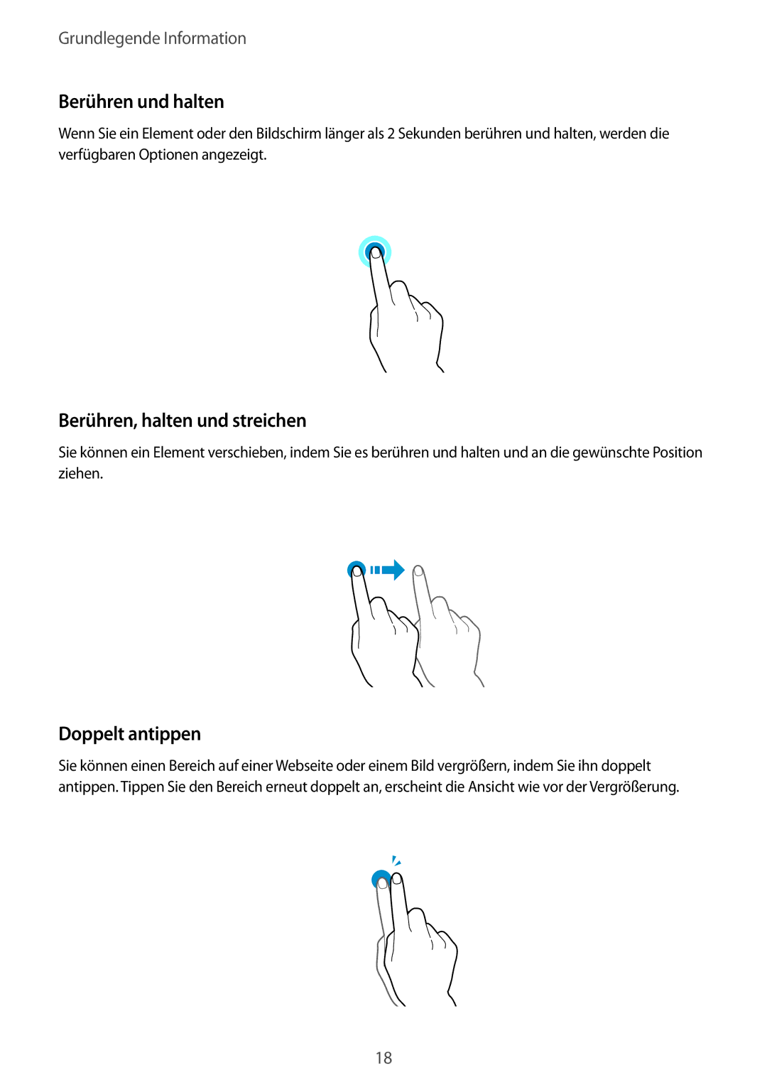 Samsung SM-G850FHSECOS, SM-G850FHSEDBT manual Berühren und halten, Berühren, halten und streichen, Doppelt antippen 