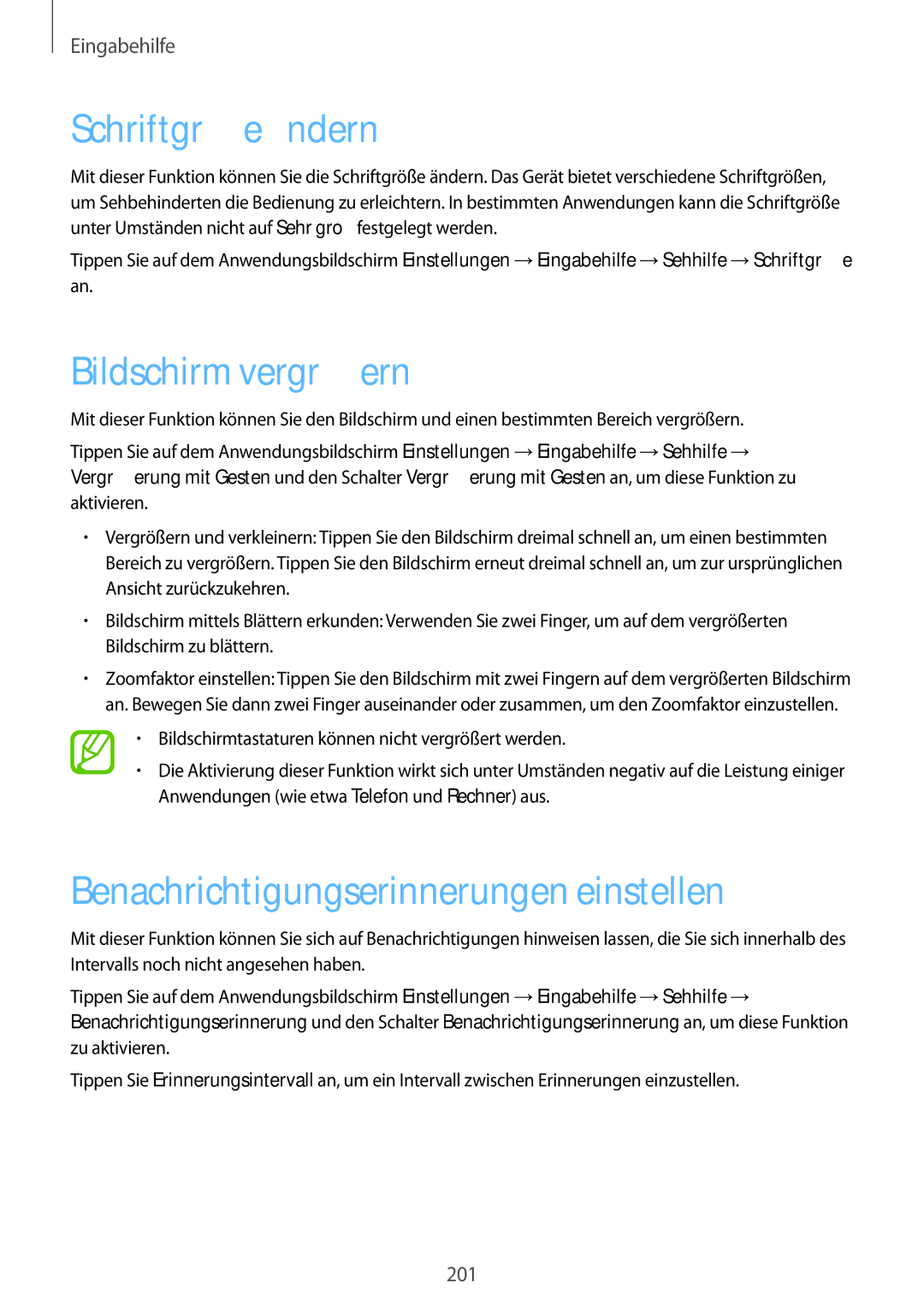 Samsung SM-G850FZWEIDE manual Schriftgröße ändern, Bildschirm vergrößern, Benachrichtigungserinnerungen einstellen 