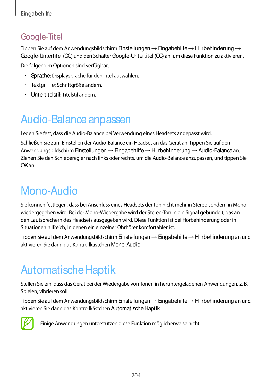 Samsung SM-G850FZKEDRE, SM-G850FHSEDBT manual Audio-Balance anpassen, Mono-Audio, Automatische Haptik, Google-Titel 