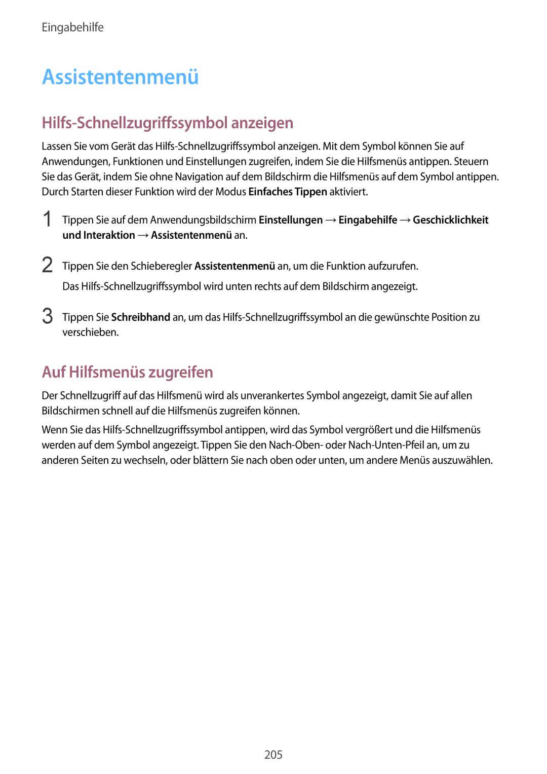 Samsung SM-G850FZKECOS, SM-G850FHSEDBT Assistentenmenü, Hilfs-Schnellzugriffssymbol anzeigen, Auf Hilfsmenüs zugreifen 