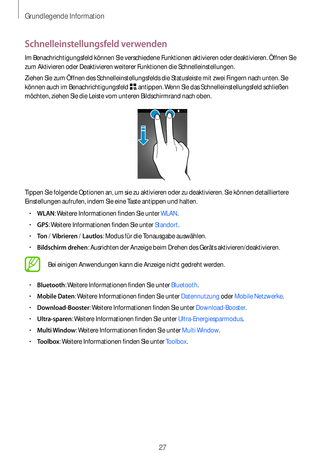 Samsung SM-G850FHSEAUT, SM-G850FHSEDBT, SM-G850FHSEVIA, SM-G850FZDEVD2, SM-G850FZWETPH manual Schnelleinstellungsfeld verwenden 