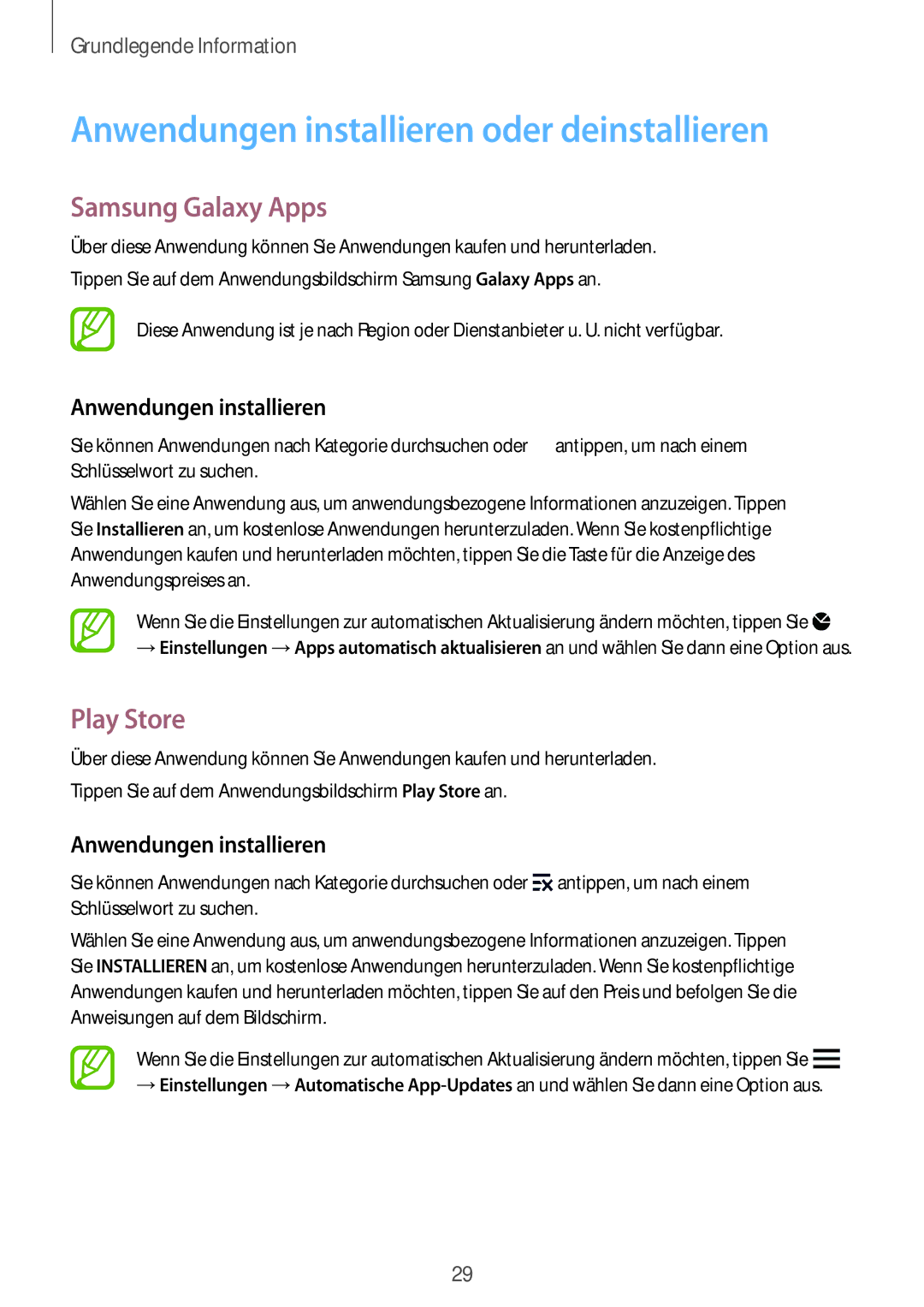 Samsung SM-G850FZBECOS, SM-G850FHSEDBT manual Anwendungen installieren oder deinstallieren, Samsung Galaxy Apps, Play Store 