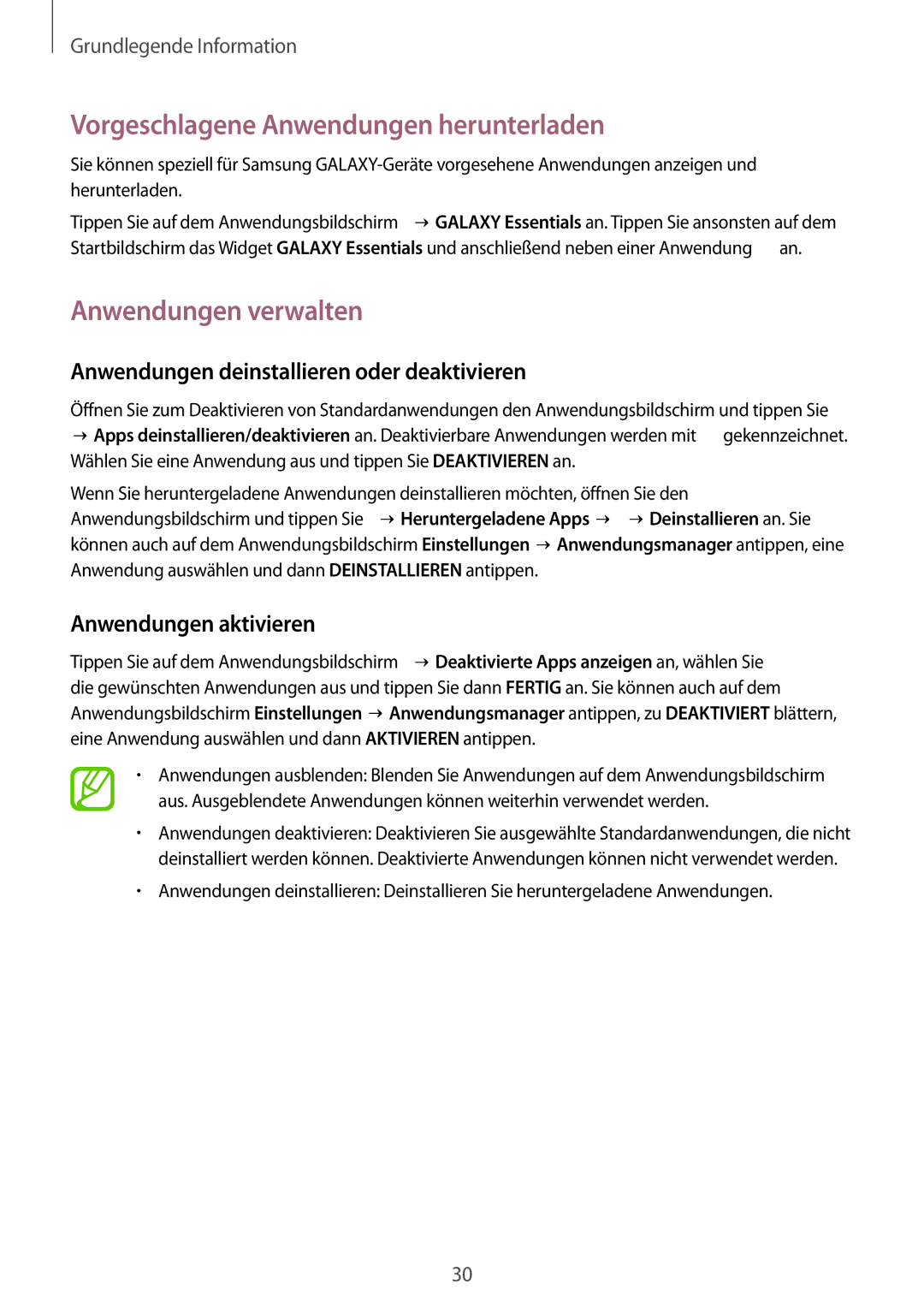 Samsung SM-G850FHSEVD2 manual Vorgeschlagene Anwendungen herunterladen, Anwendungen verwalten, Anwendungen aktivieren 