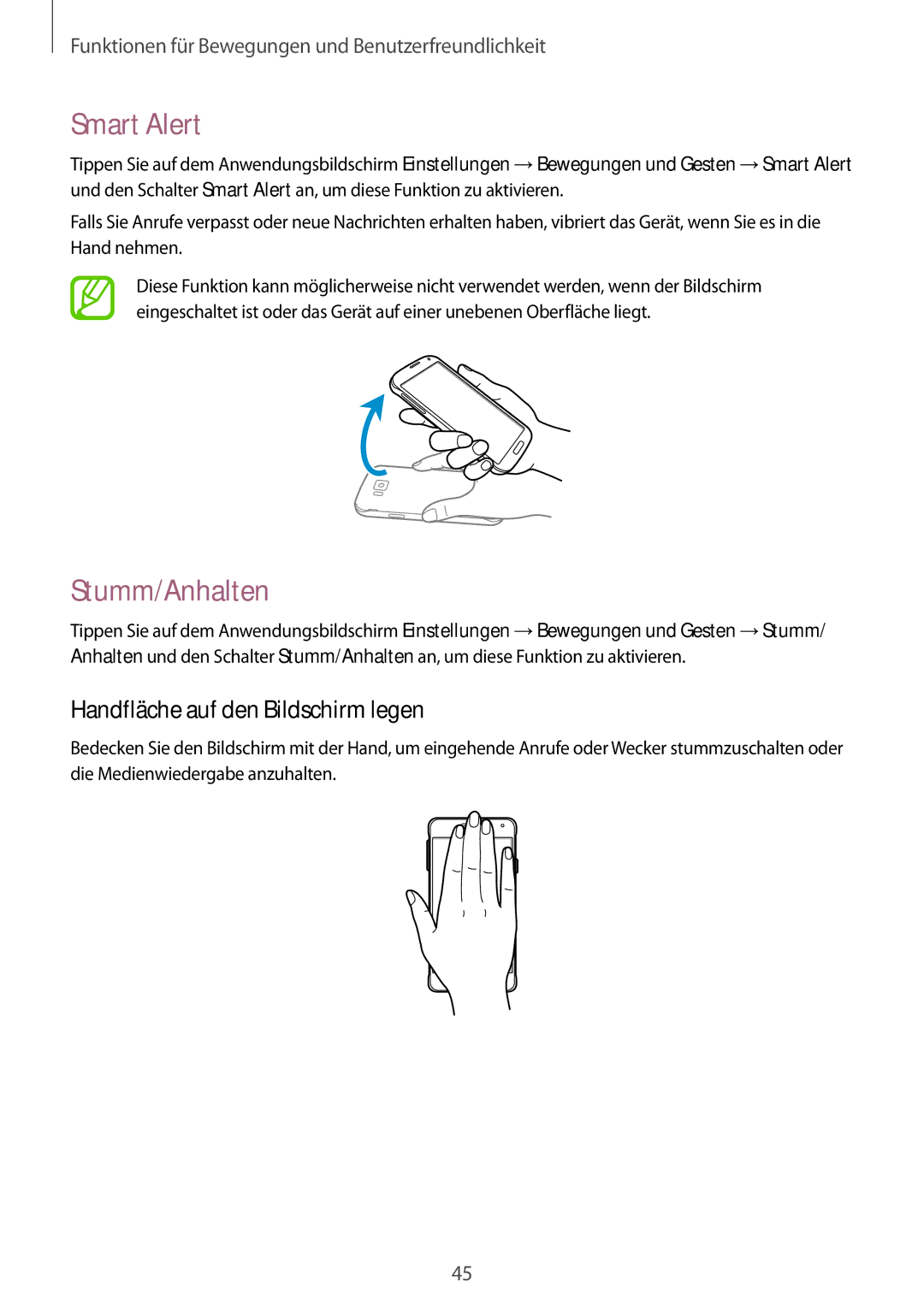 Samsung SM-G850FZKEDRE, SM-G850FHSEDBT, SM-G850FHSEVIA Smart Alert, Stumm/Anhalten, Handfläche auf den Bildschirm legen 