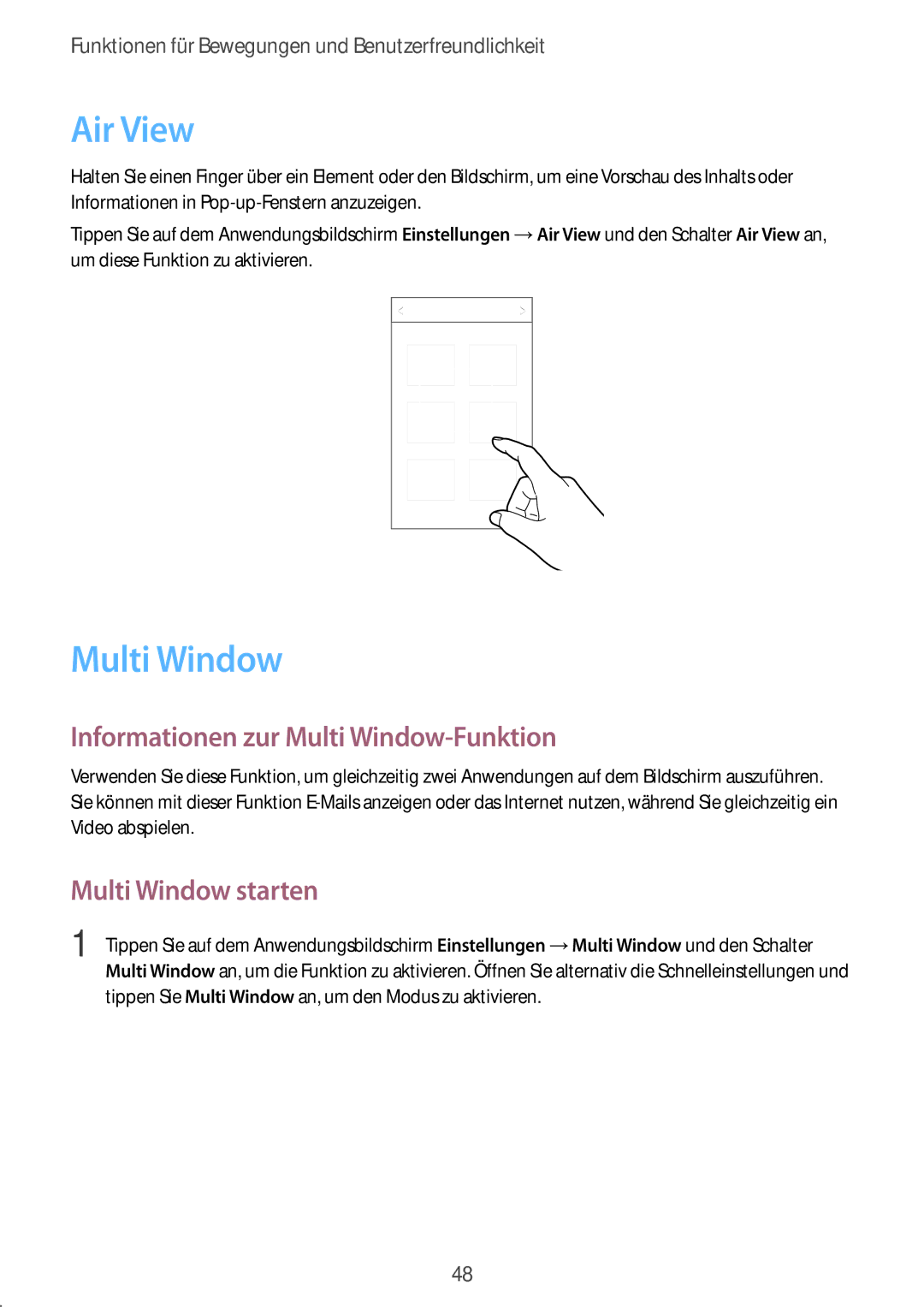 Samsung SM-G850FZKEDBT, SM-G850FHSEDBT manual Air View, Informationen zur Multi Window-Funktion, Multi Window starten 