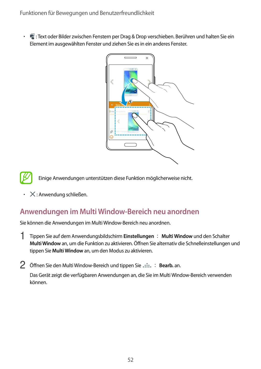 Samsung SM-G850FHSESFR, SM-G850FHSEDBT, SM-G850FHSEVIA, SM-G850FZDEVD2 manual Anwendungen im Multi Window-Bereich neu anordnen 