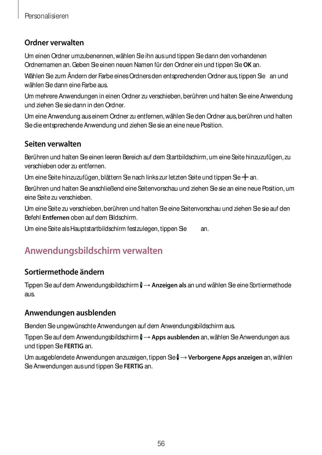 Samsung SM-G850FZWETPH manual Anwendungsbildschirm verwalten, Ordner verwalten, Seiten verwalten, Sortiermethode ändern 