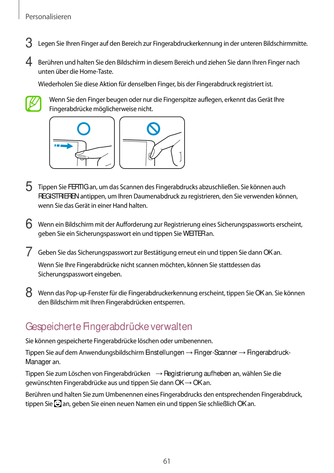 Samsung SM-G850FZDECOS, SM-G850FHSEDBT, SM-G850FHSEVIA Gespeicherte Fingerabdrücke verwalten, Sicherungspasswort eingeben 