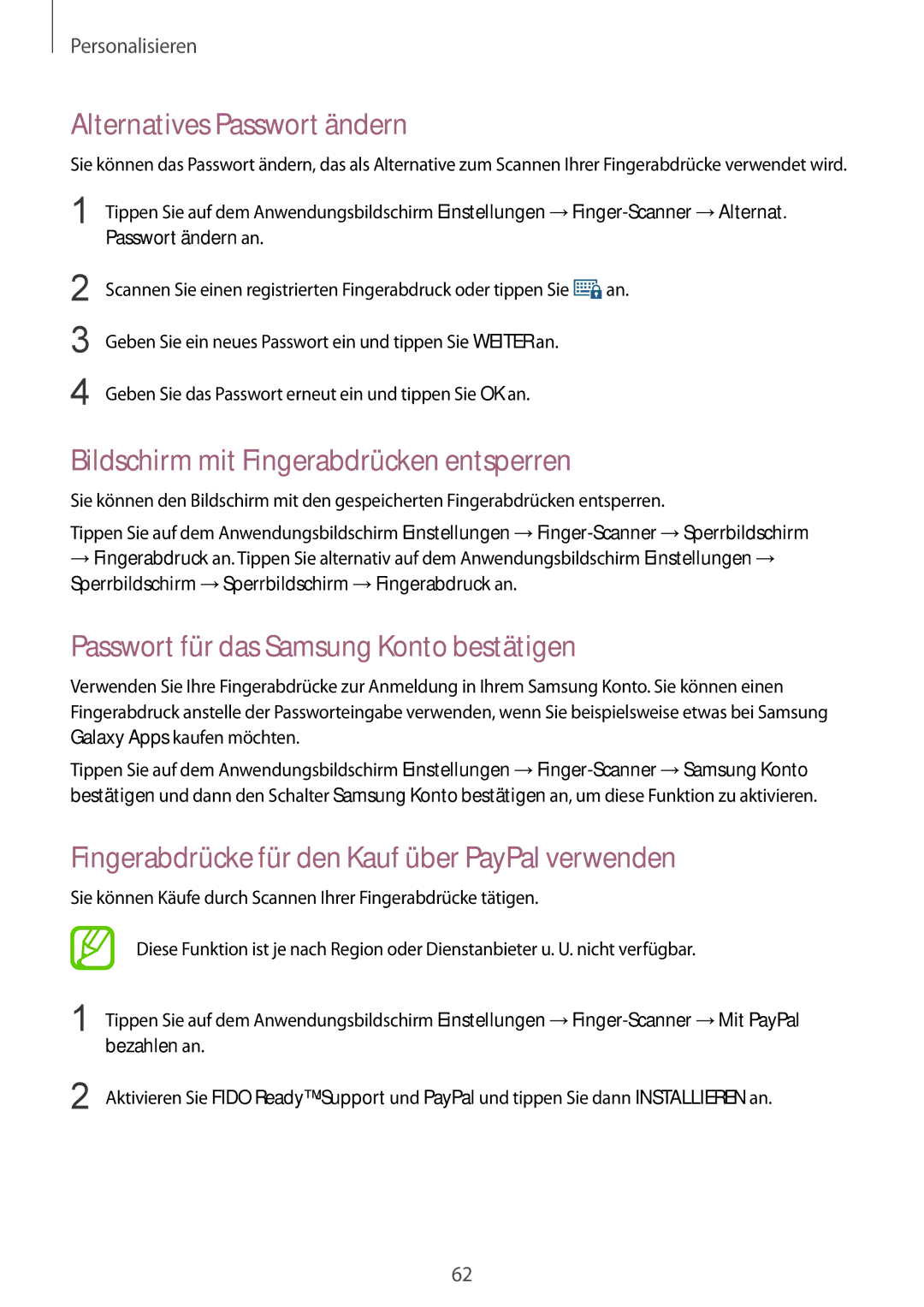 Samsung SM-G850FZBEDTM, SM-G850FHSEDBT manual Alternatives Passwort ändern, Bildschirm mit Fingerabdrücken entsperren 