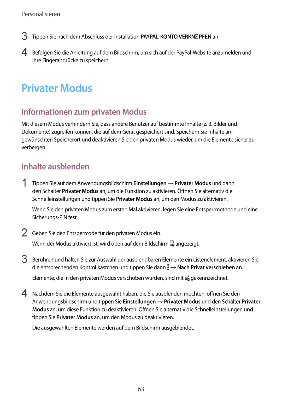 Samsung SM-G850FHSEVGR, SM-G850FHSEDBT, SM-G850FHSEVIA Privater Modus, Informationen zum privaten Modus, Inhalte ausblenden 