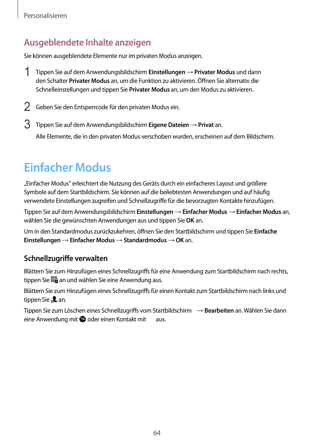 Samsung SM-G850FHSEATO, SM-G850FHSEDBT manual Einfacher Modus, Ausgeblendete Inhalte anzeigen, Schnellzugriffe verwalten 