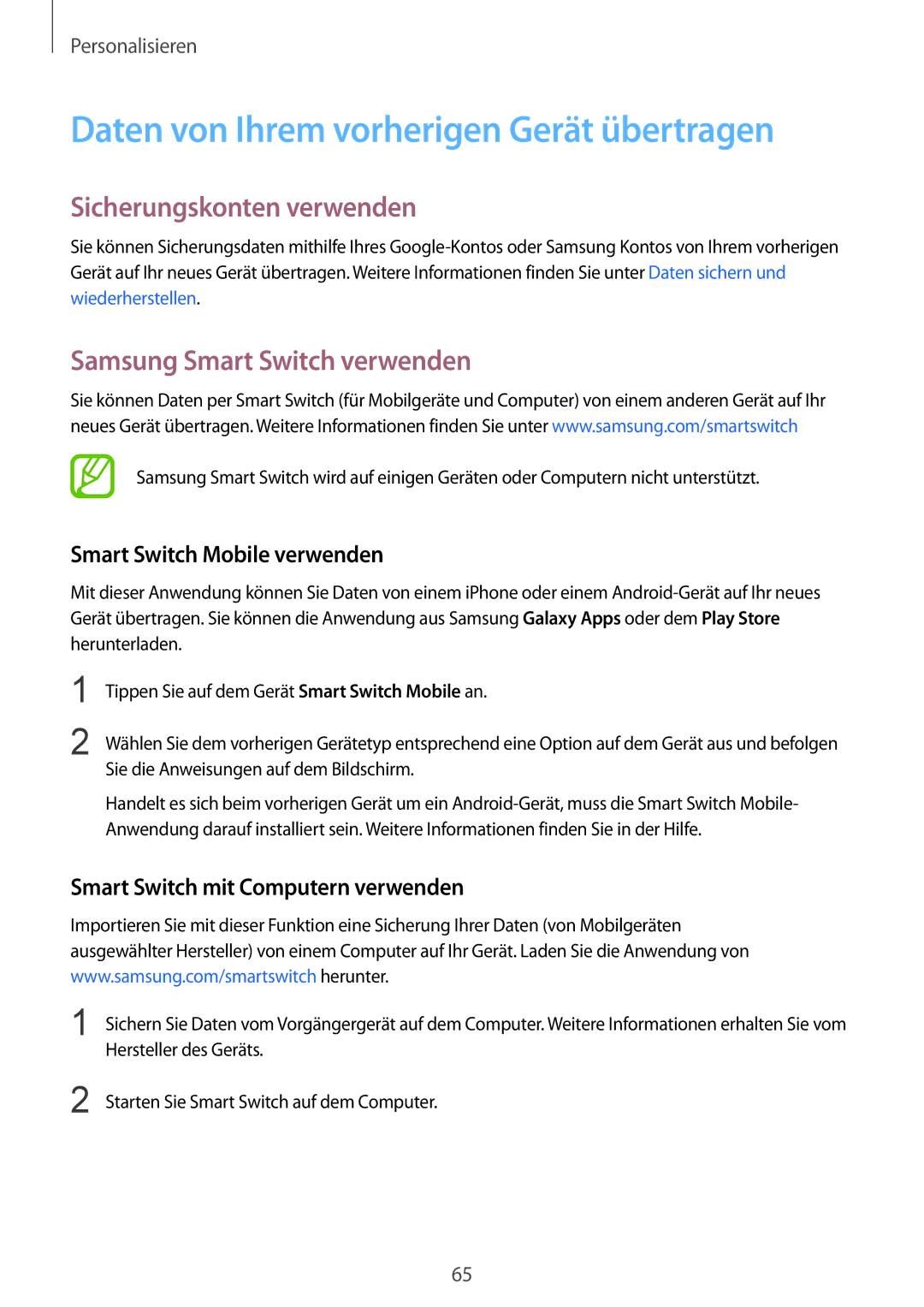 Samsung SM-G850FZBEEUR, SM-G850FHSEDBT manual Daten von Ihrem vorherigen Gerät übertragen, Sicherungskonten verwenden 