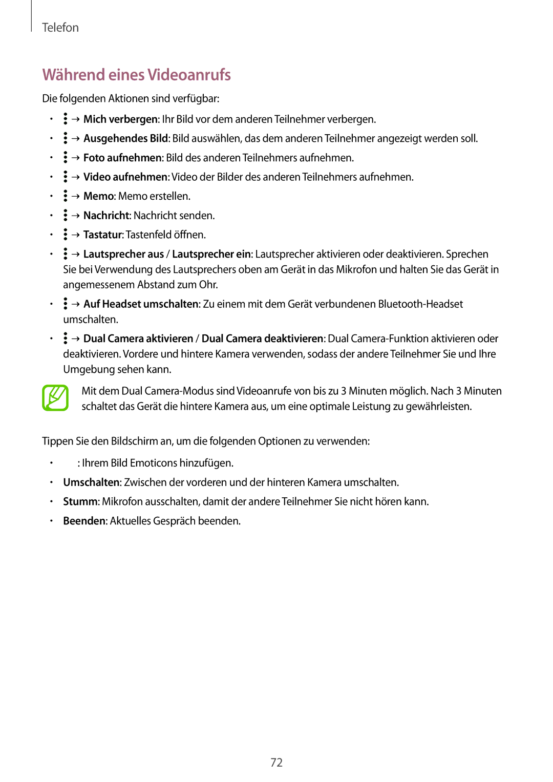 Samsung SM-G850FZDECYV, SM-G850FHSEDBT, SM-G850FHSEVIA, SM-G850FZDEVD2, SM-G850FZWETPH manual Während eines Videoanrufs 