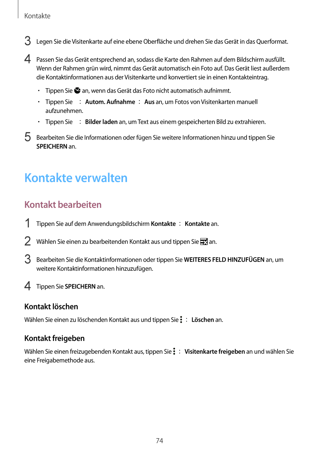 Samsung SM-G850FZWEMEO, SM-G850FHSEDBT manual Kontakte verwalten, Kontakt bearbeiten, Kontakt löschen, Kontakt freigeben 