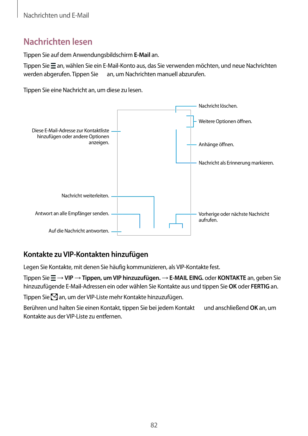 Samsung SM-G850FZBECOS, SM-G850FHSEDBT, SM-G850FHSEVIA manual Nachrichten lesen, Kontakte zu VIP-Kontakten hinzufügen 