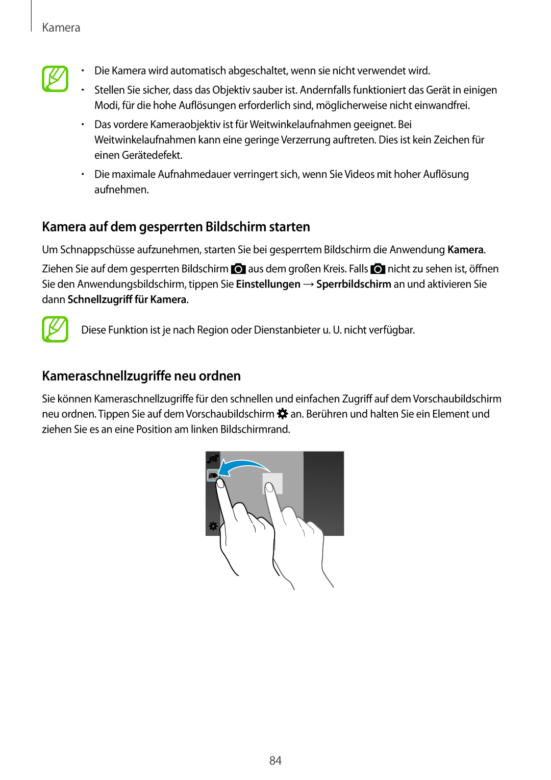 Samsung SM-G850FZKETPH, SM-G850FHSEDBT manual Kamera auf dem gesperrten Bildschirm starten, Kameraschnellzugriffe neu ordnen 