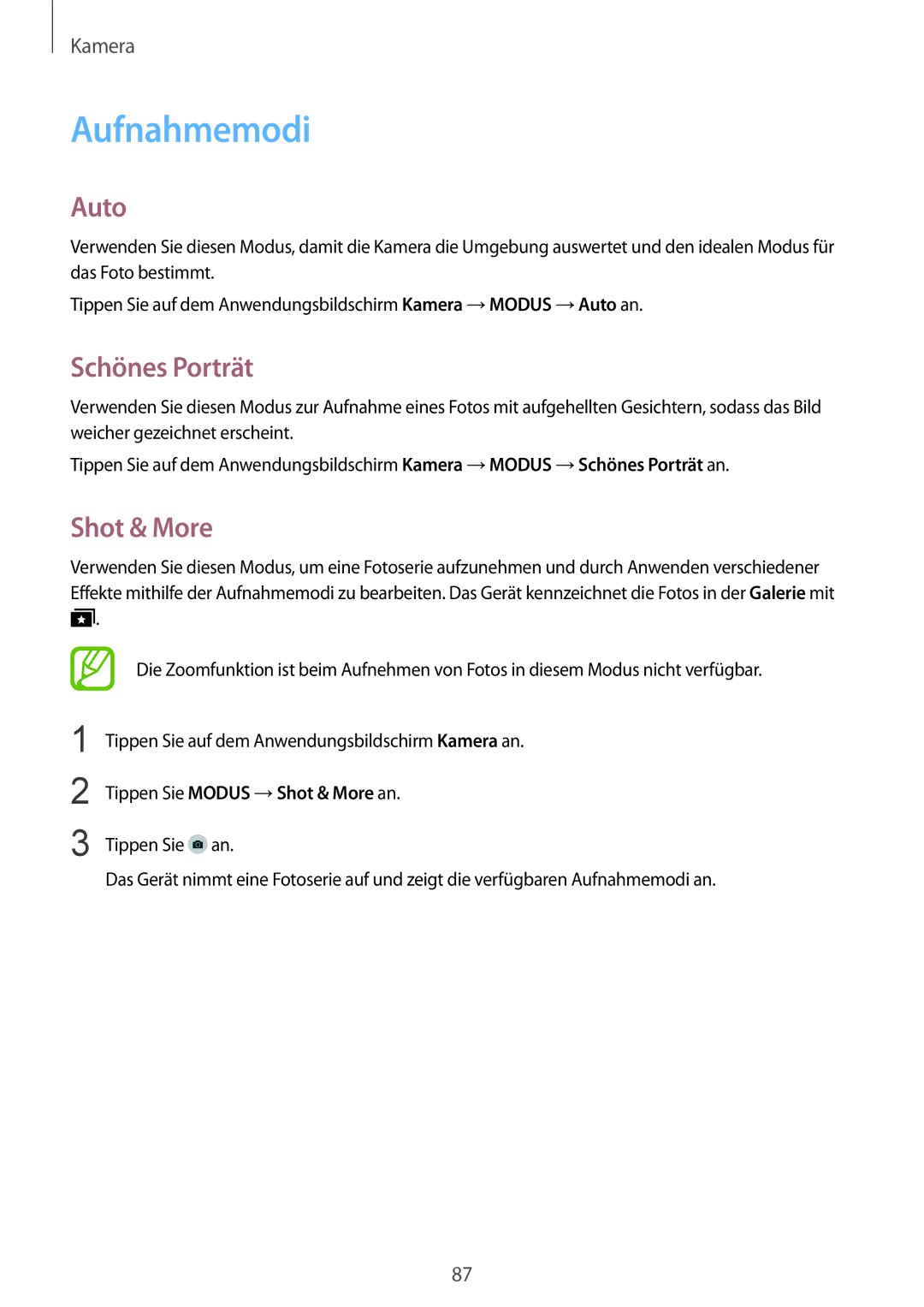 Samsung SM-G850FZDEEUR, SM-G850FHSEDBT manual Aufnahmemodi, Auto, Schönes Porträt, Tippen Sie Modus →Shot & More an 