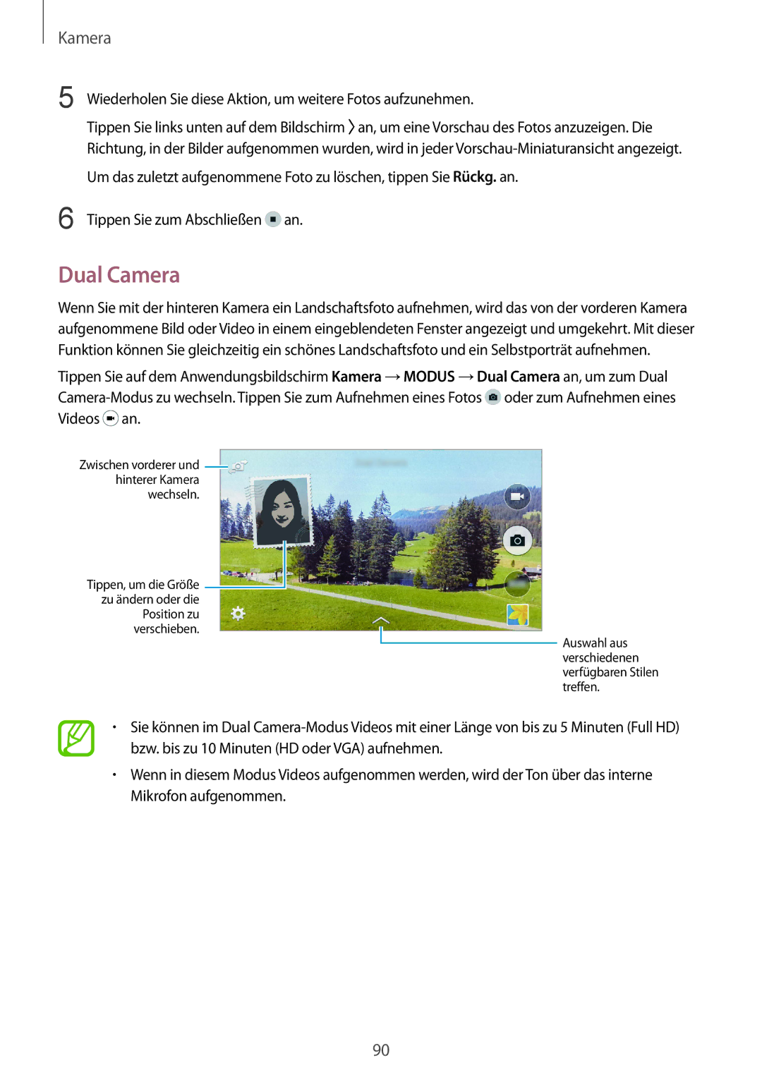 Samsung SM-G850FHSEDTM, SM-G850FHSEDBT manual Dual Camera, Wiederholen Sie diese Aktion, um weitere Fotos aufzunehmen 