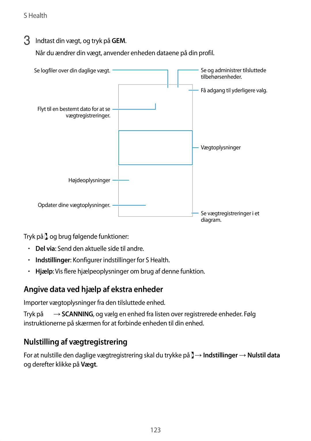 Samsung SM-G850FZBETEN, SM-G850FZBENEE manual Angive data ved hjælp af ekstra enheder, Nulstilling af vægtregistrering 