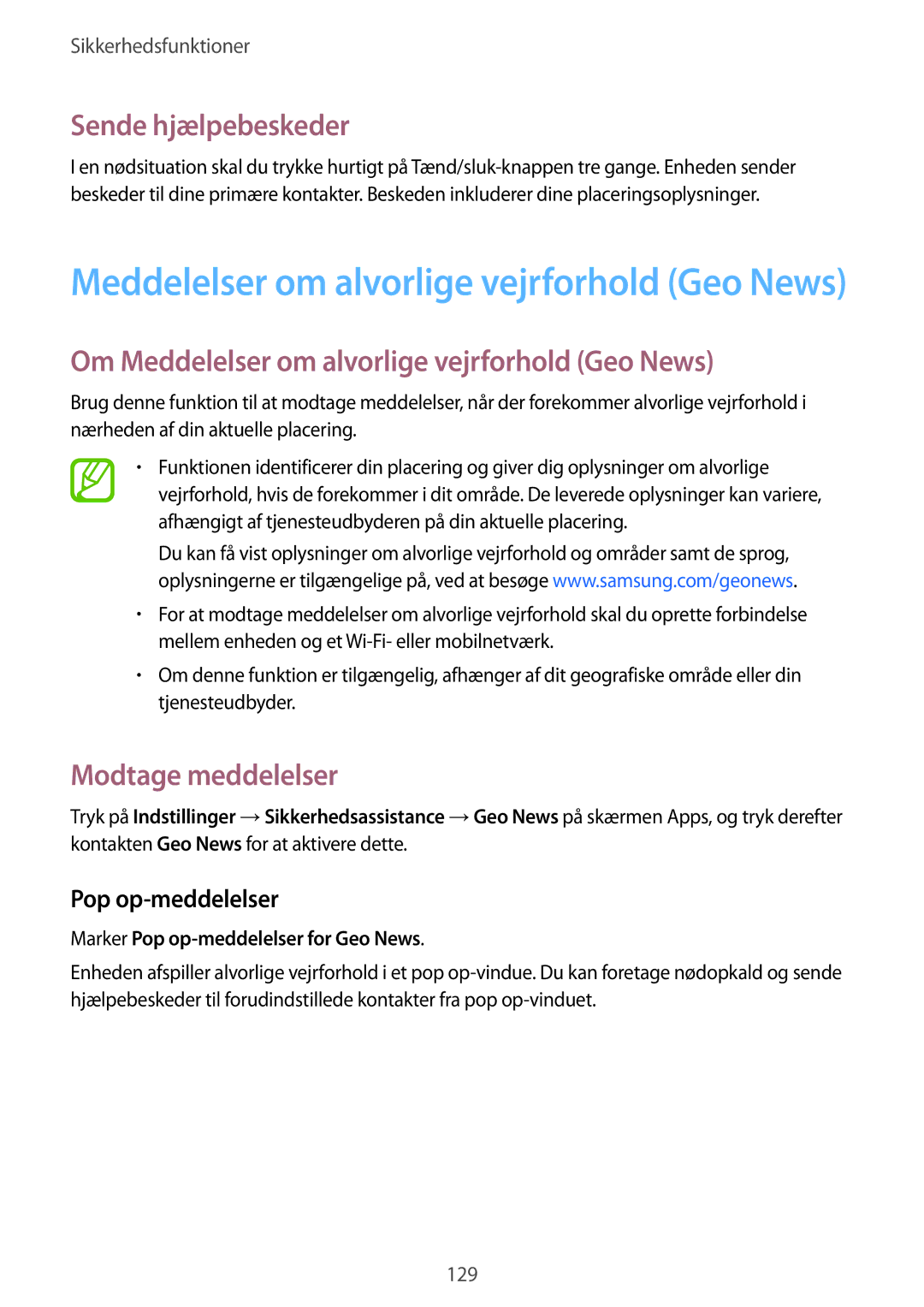 Samsung SM-G850FZKEHTS manual Sende hjælpebeskeder, Om Meddelelser om alvorlige vejrforhold Geo News, Modtage meddelelser 