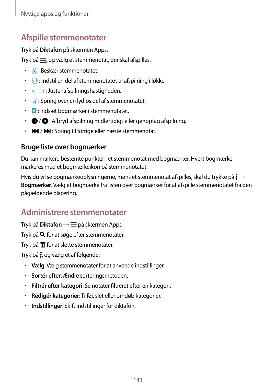 Samsung SM-G850FZBANEE, SM-G850FZBENEE manual Afspille stemmenotater, Administrere stemmenotater, Bruge liste over bogmærker 