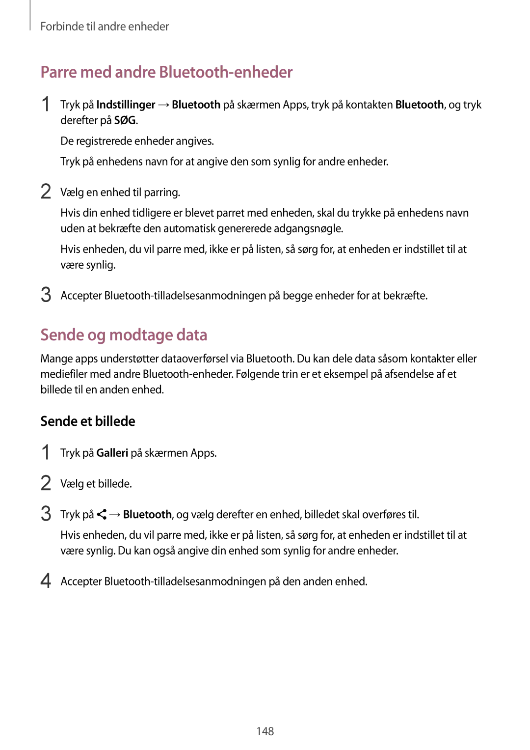 Samsung SM-G850FZKEHTS, SM-G850FZBENEE manual Parre med andre Bluetooth-enheder, Sende og modtage data, Sende et billede 