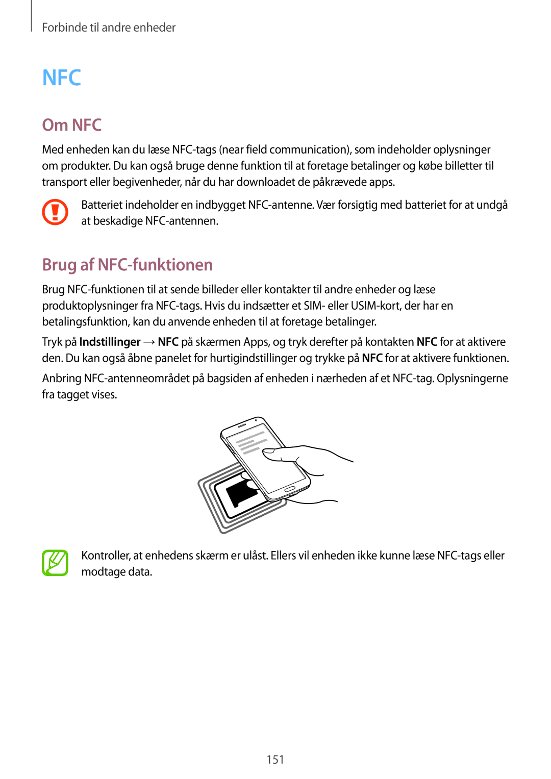 Samsung SM-G850FZDETEN, SM-G850FZBENEE, SM-G850FZKENEE, SM-G850FZDENEE, SM-G850FZWENEE manual Om NFC, Brug af NFC-funktionen 