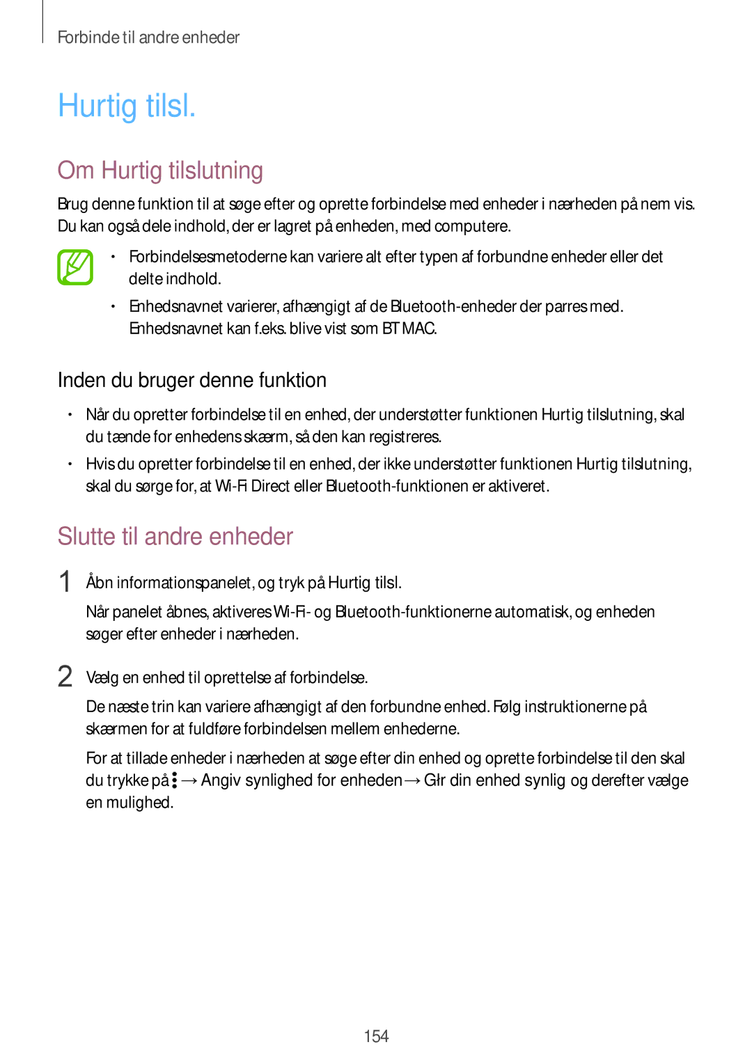 Samsung SM-G850FZDENEE, SM-G850FZBENEE, SM-G850FZKENEE manual Om Hurtig tilslutning, Inden du bruger denne funktion 