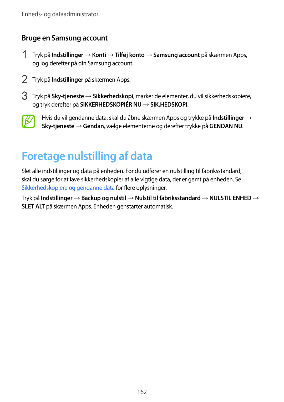 Samsung SM-G850FZKETEN, SM-G850FZBENEE, SM-G850FZKENEE manual Foretage nulstilling af data, Bruge en Samsung account 