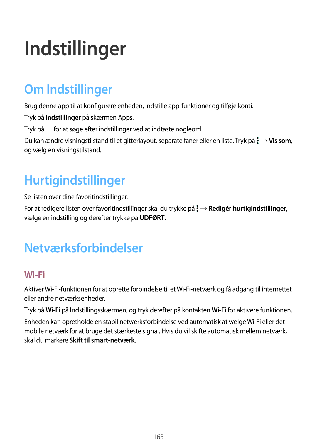 Samsung SM-G850FZWETEN, SM-G850FZBENEE manual Om Indstillinger, Hurtigindstillinger, Netværksforbindelser, Wi-Fi 
