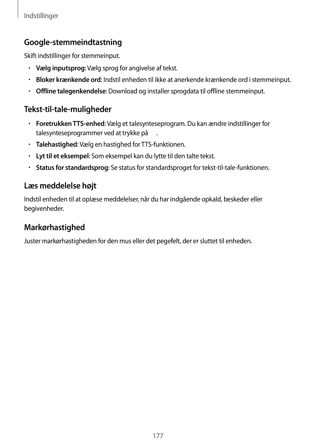 Samsung SM-G850FZDEVDS manual Google-stemmeindtastning, Tekst-til-tale-muligheder, Læs meddelelse højt, Markørhastighed 