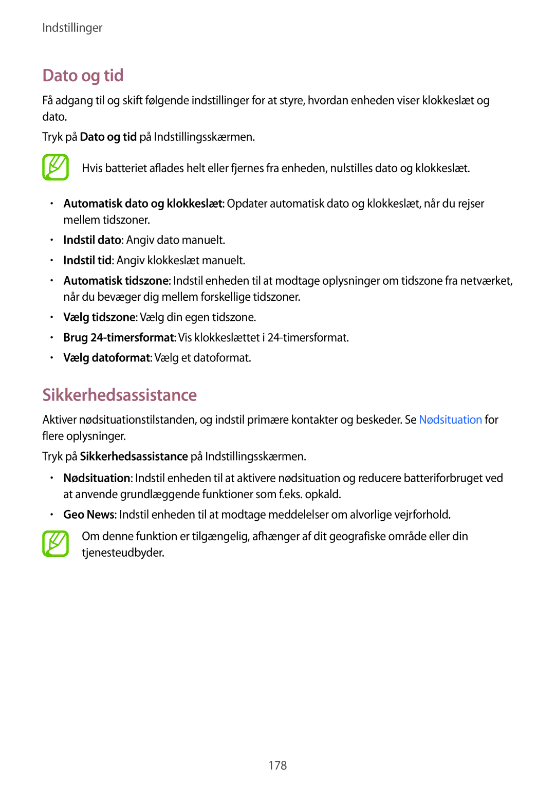 Samsung SM-G850FZKANEE, SM-G850FZBENEE, SM-G850FZKENEE, SM-G850FZDENEE, SM-G850FZWENEE manual Dato og tid, Sikkerhedsassistance 