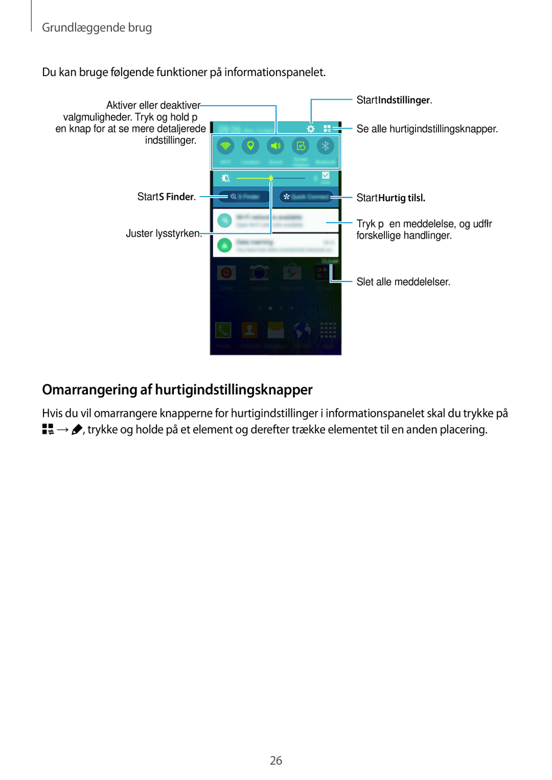 Samsung SM-G850FZKANEE Omarrangering af hurtigindstillingsknapper, Du kan bruge følgende funktioner på informationspanelet 