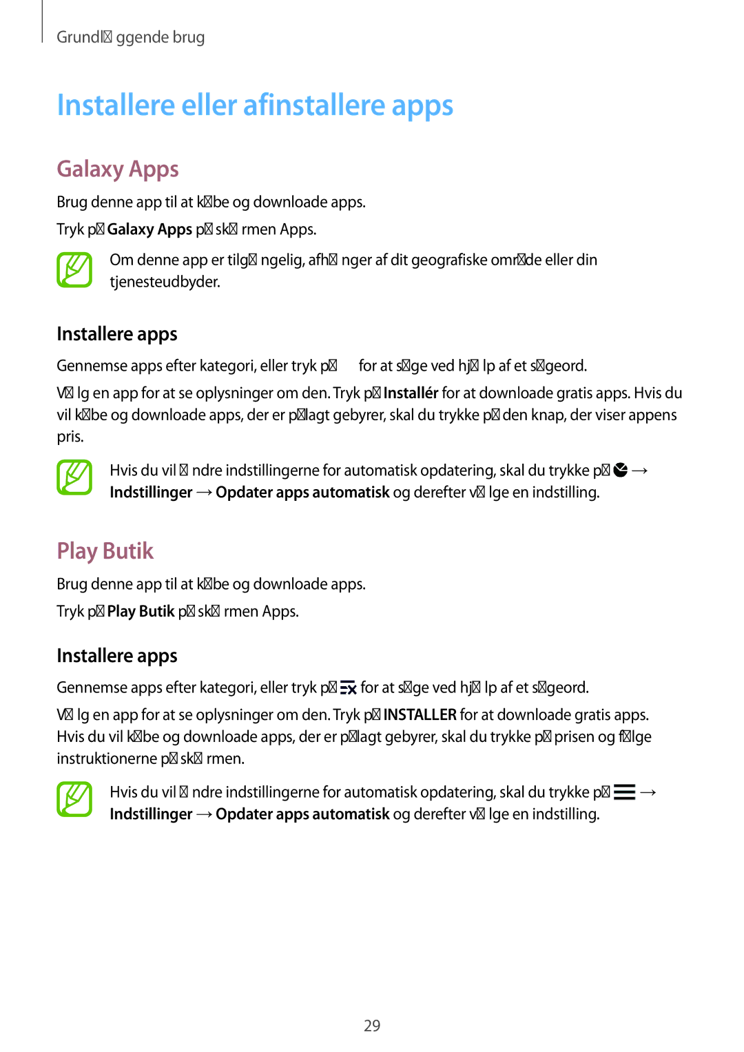 Samsung SM-G850FZKETEN, SM-G850FZBENEE manual Installere eller afinstallere apps, Galaxy Apps, Play Butik, Installere apps 