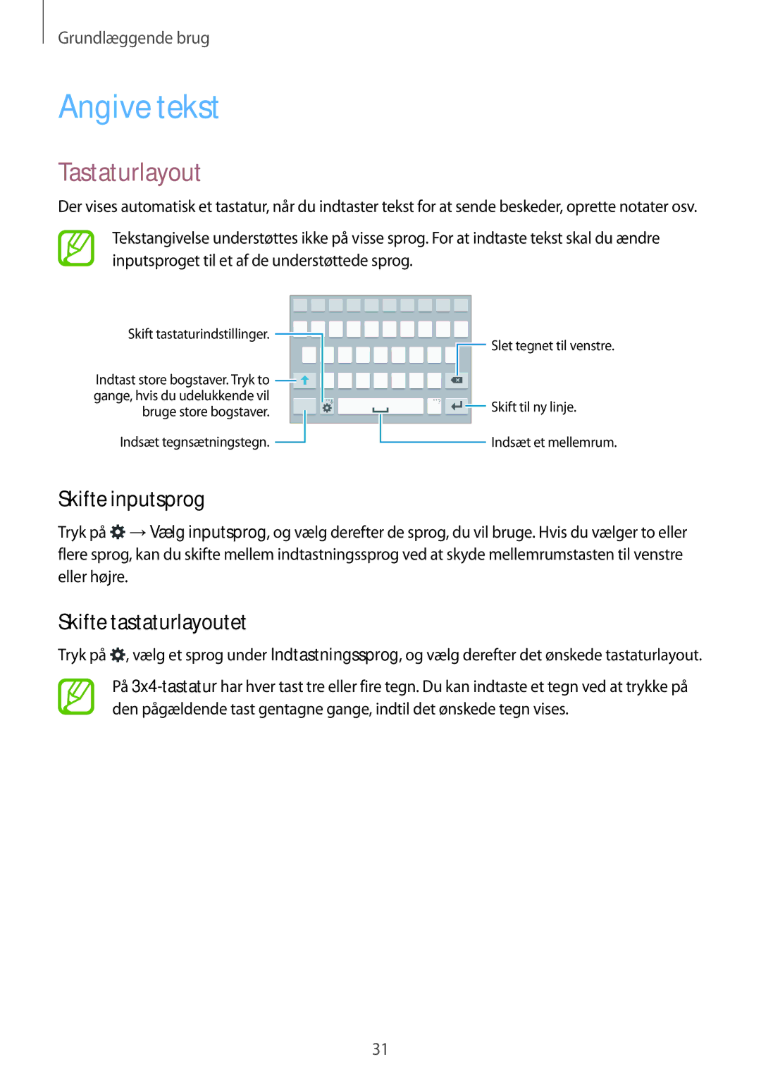 Samsung SM-G850FZWANEE, SM-G850FZBENEE manual Angive tekst, Tastaturlayout, Skifte inputsprog, Skifte tastaturlayoutet 