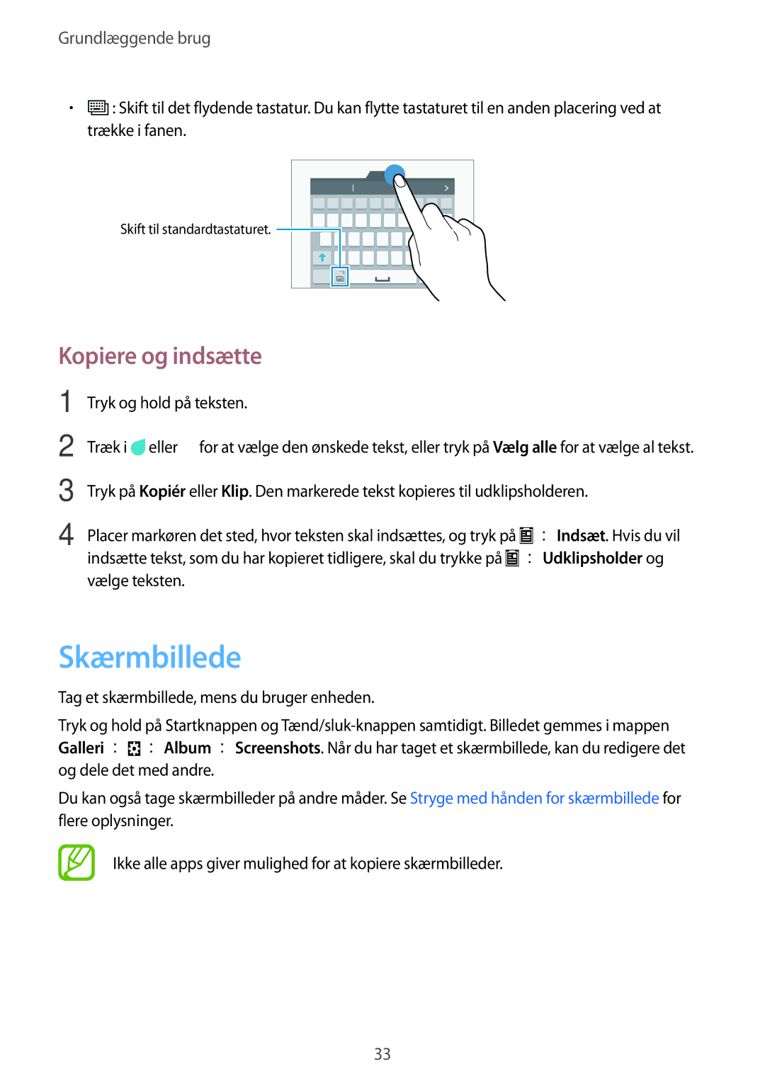 Samsung SM-G850FZDEHTS, SM-G850FZBENEE, SM-G850FZKENEE manual Skærmbillede, Kopiere og indsætte, Tryk og hold på teksten 