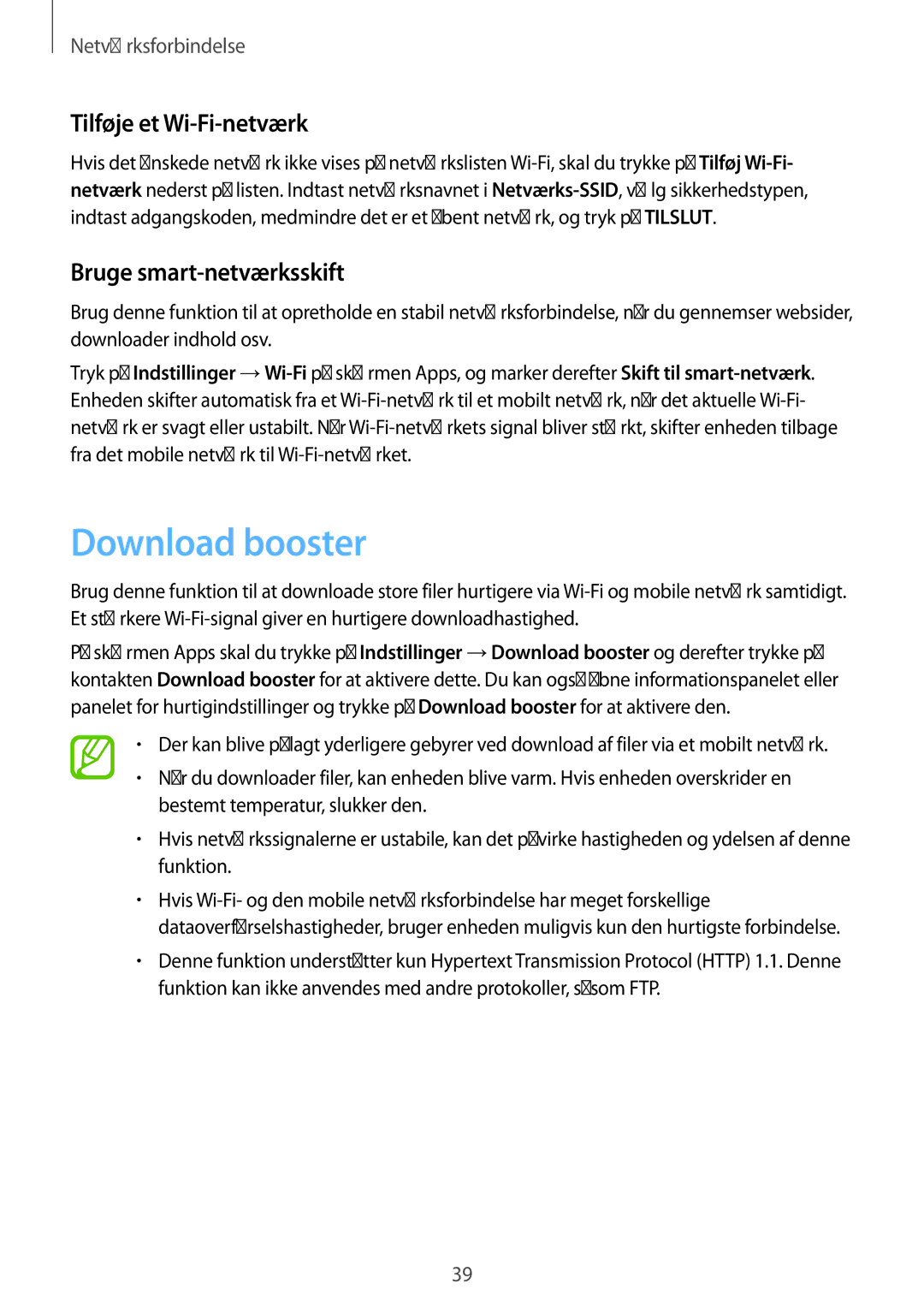 Samsung SM-G850FZKENEE, SM-G850FZBENEE manual Download booster, Tilføje et Wi-Fi-netværk, Bruge smart-netværksskift 