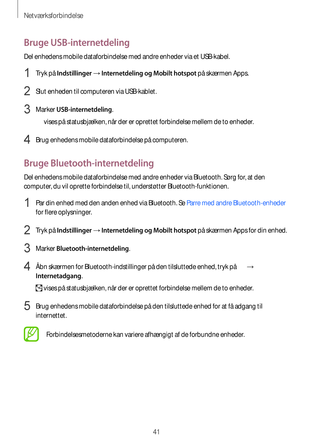 Samsung SM-G850FZWENEE, SM-G850FZBENEE Bruge USB-internetdeling, Bruge Bluetooth-internetdeling, Marker USB-internetdeling 