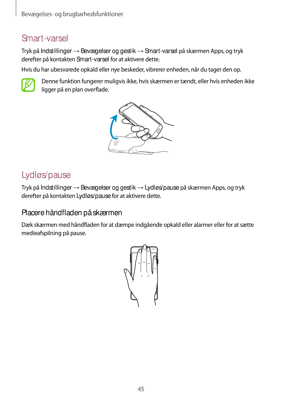 Samsung SM-G850FZKANEE, SM-G850FZBENEE, SM-G850FZKENEE manual Smart-varsel, Lydløs/pause, Placere håndfladen på skærmen 