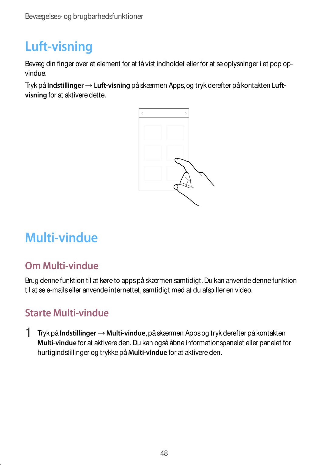 Samsung SM-G850FZKETEN, SM-G850FZBENEE, SM-G850FZKENEE manual Luft-visning, Om Multi-vindue, Starte Multi-vindue 