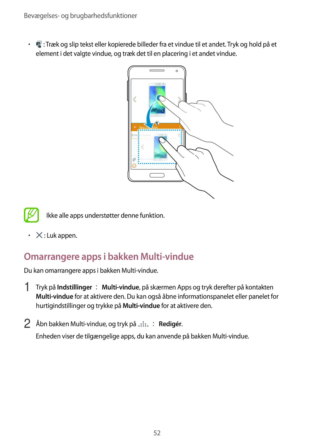 Samsung SM-G850FZDEHTS manual Omarrangere apps i bakken Multi-vindue, Ikke alle apps understøtter denne funktion Luk appen 